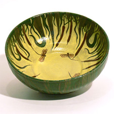 Bowl, green, yellow with dragonflies