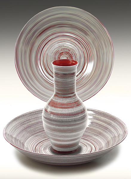 ivory and red striped bowl and jar